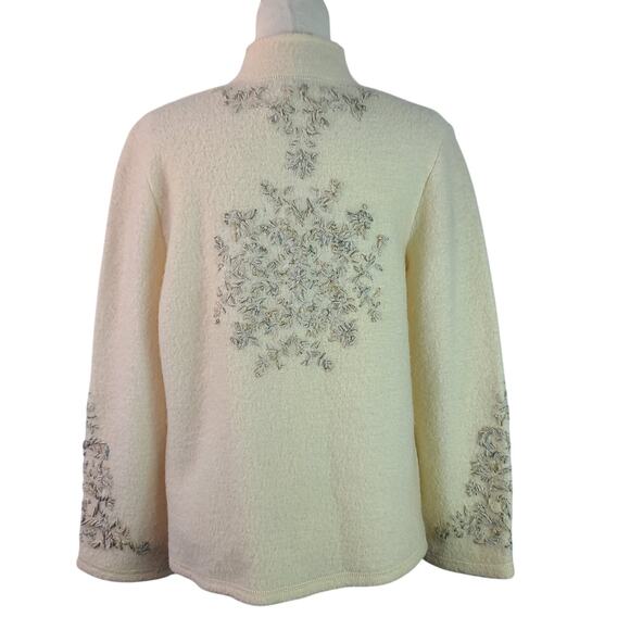 Coldwater Creek Cream Silver Embroidered Wool Jacket Sweater Cardigan Large - Picture 3 of 4